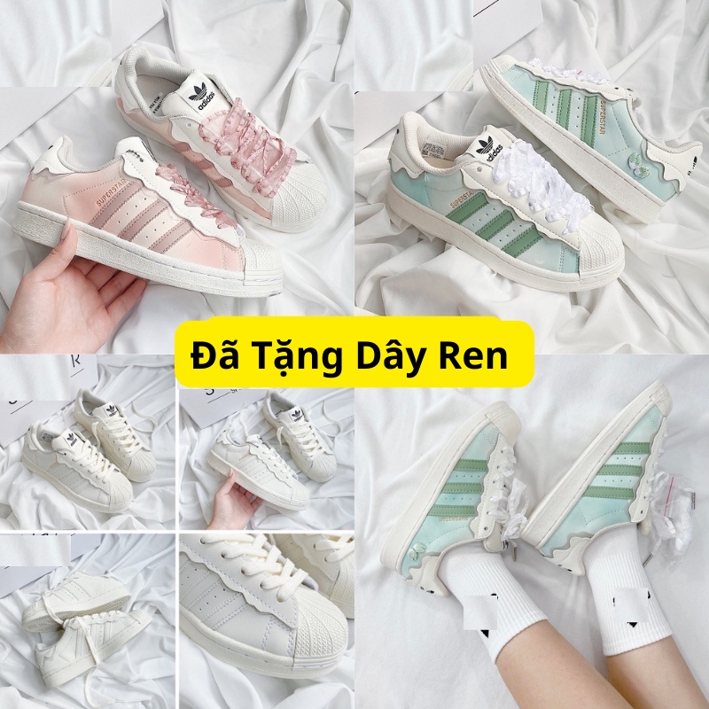 Giày thể thao adidas superstar trắng, Giầy das sò xanh, hồng 3 sọc bản SC nam nữ Full Box Bill