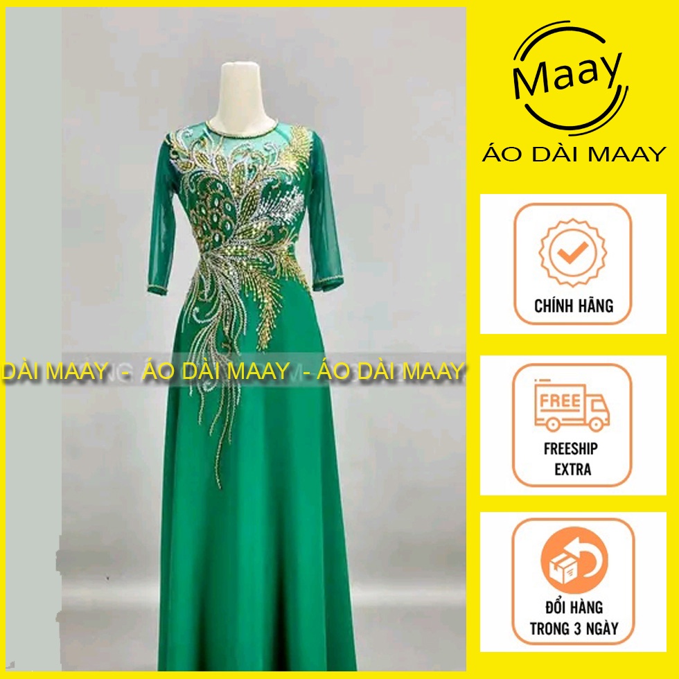 Áo dài mẹ trung niên đính kết cao cấp cổ tròn tay lỡ kim sa 4 tà