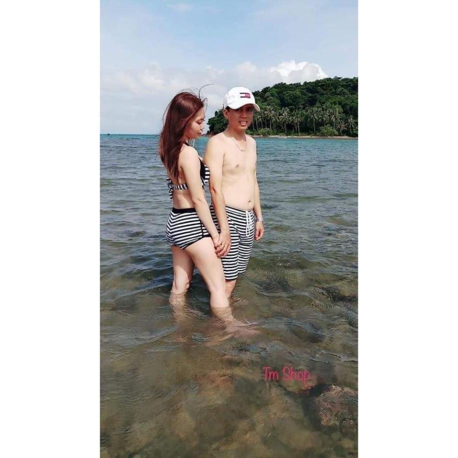 Bikini Couple, Đồ bơi cặp Nam Nữ sọc ngang trắng đen - HGC003 *