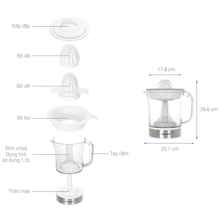 Máy vắt cam Sharp EJ-J415-WH | Máy ép cam điện tự động đảo chiều J415-WH màu trắng - Hàng chính hãng