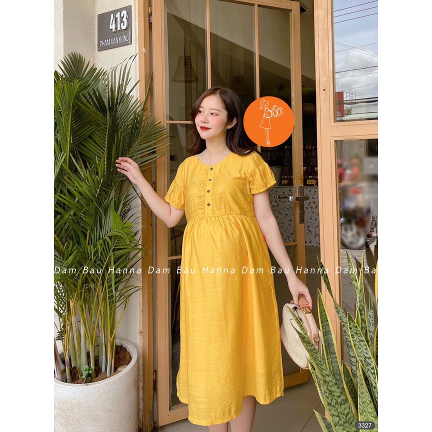 [HANNA SIZE 40-65KG] Đầm bầu công sở dễ thương tphcm dáng baby doll vải đũi xô cao cấp thoáng mát mùa hè mềm