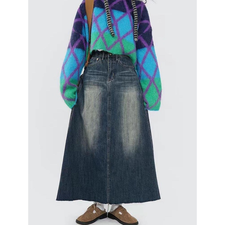 Chân Váy Jean Chữ A Lưng Cao Phong Cách Retro