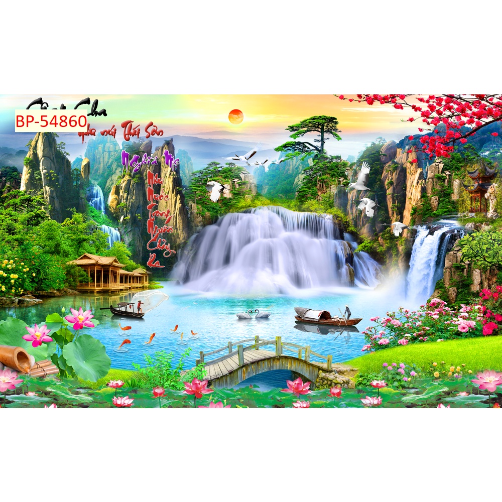 Tranh 3D Dán Tường Sơn Thủy Núi Non Thác Nước