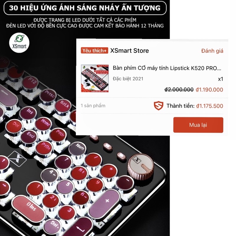 Bàn phím CƠ máy tính Lipstick K520 PRO LED đổi màu, bản Đặc Biệt siêu đẹp, phím cơ blue switch cho pc, laptop