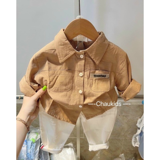 Bộ Sơ Mi Phối Quần Kaki Cho Bé Trai Chữ Essential Size 8-20kg