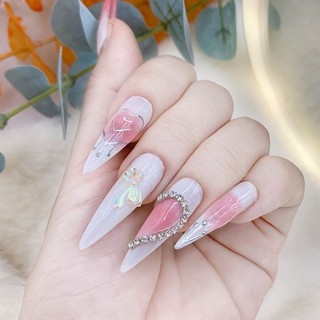 Móng tay giả dài đính đá, ombre đá tim, tặng kèm keo dán dũa mini