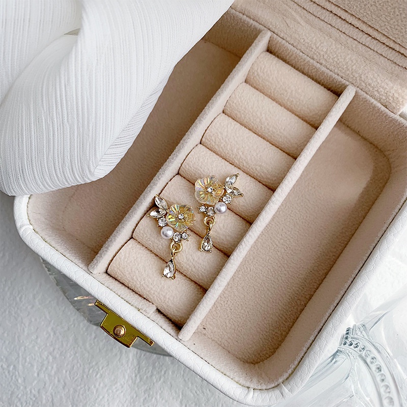 Khuyên tai kẹp không bấm lỗ chốt cố định K012 bằng hợp kim mạ vàng hình bông hoa đính đá dáng midi Leous Accessories