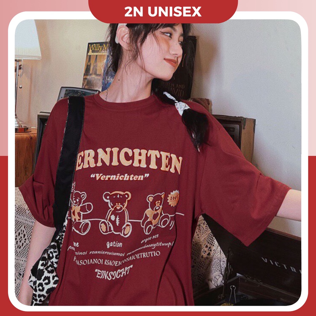 Áo phông nam nữ form rộng 2N Unisex thun cotton in hình 3 gấu đỏ