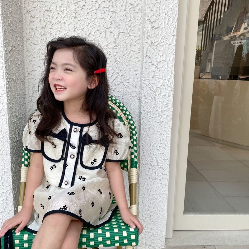 Babyfair. Váy Bé Gái Hai Mảnh Ngắn Tay Phồng Thanh Lịch Dễ Thương Flowy Trẻ Em Quần Áo