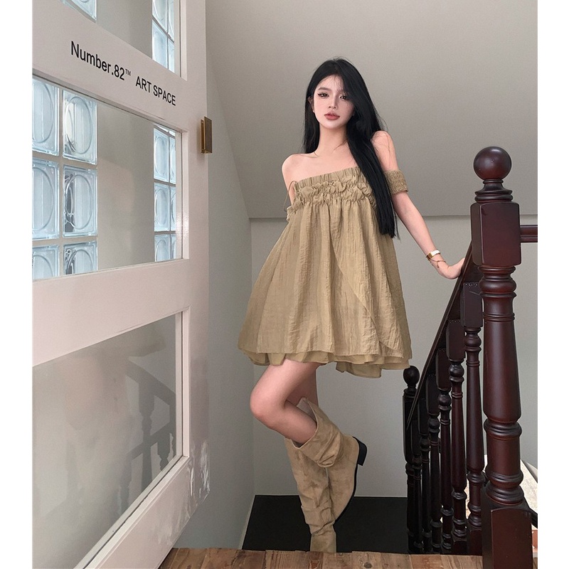 Váy babydoll trễ vai màu rêu cá tính AK3149