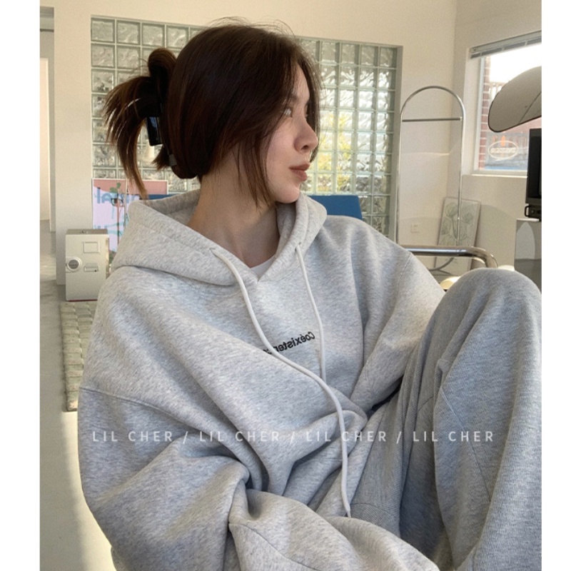 Áo Hoodies Tay Dài Hoạ Tiết Chữ In Phong Cách Hàn Quốc