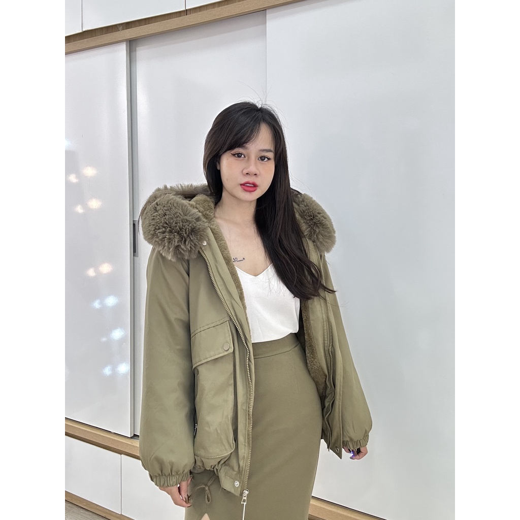 Áo khoác Parka Kaki dáng ngắn lót lông điểm nhấn khoá kéo nắp túi hộp trẻ trung dáng mới phong cách Hàn Quốc 2023 1831 I