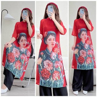Set áo dài cách tân hoạ tiết cô gái + quần ống rộng đen