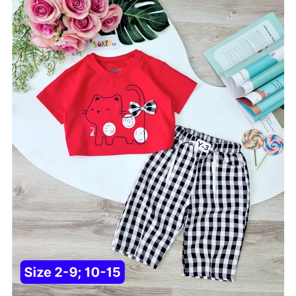 Set áo mèo đỏ quần caro lửng