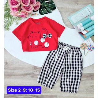 Set áo mèo đỏ quần caro lửng