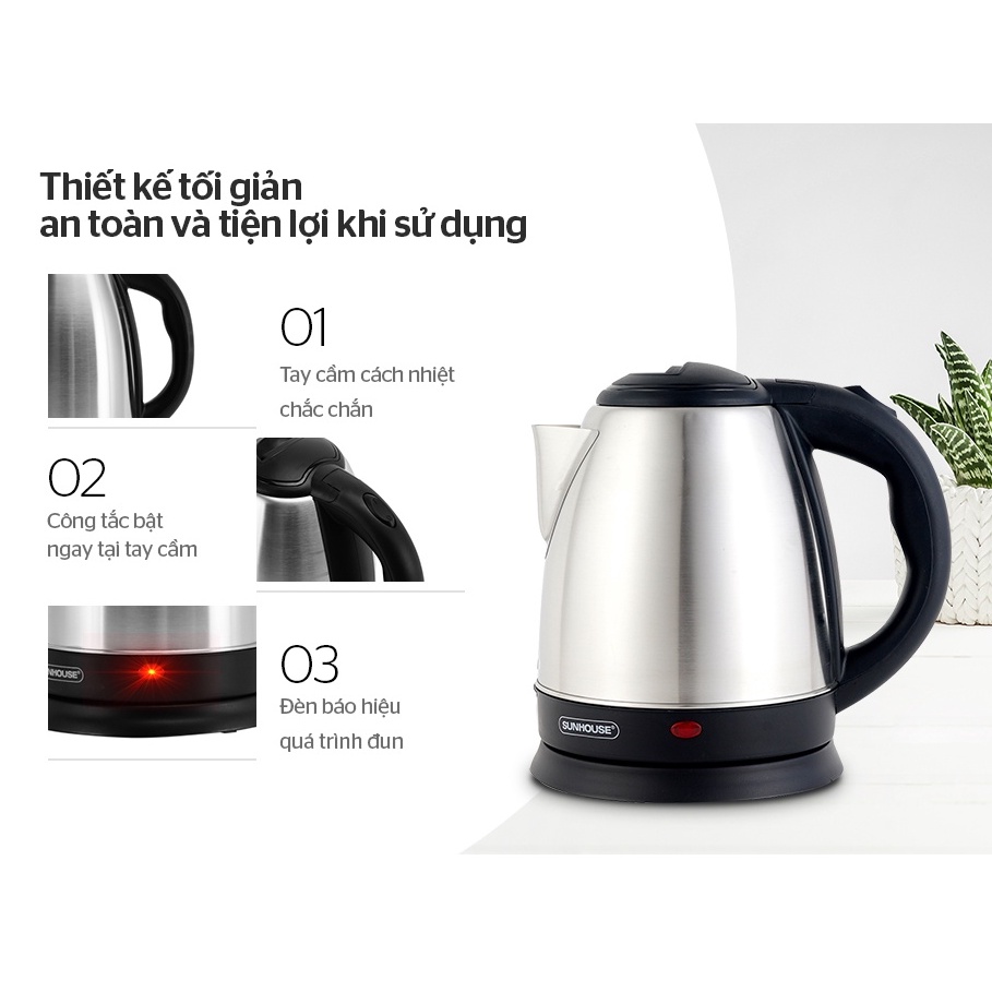 Ấm Đun Nước Siêu Tốc SunHouse - Bình Siêu Tốc Inox Chính Hãng 1.8L Bảo Hành 12 Tháng
