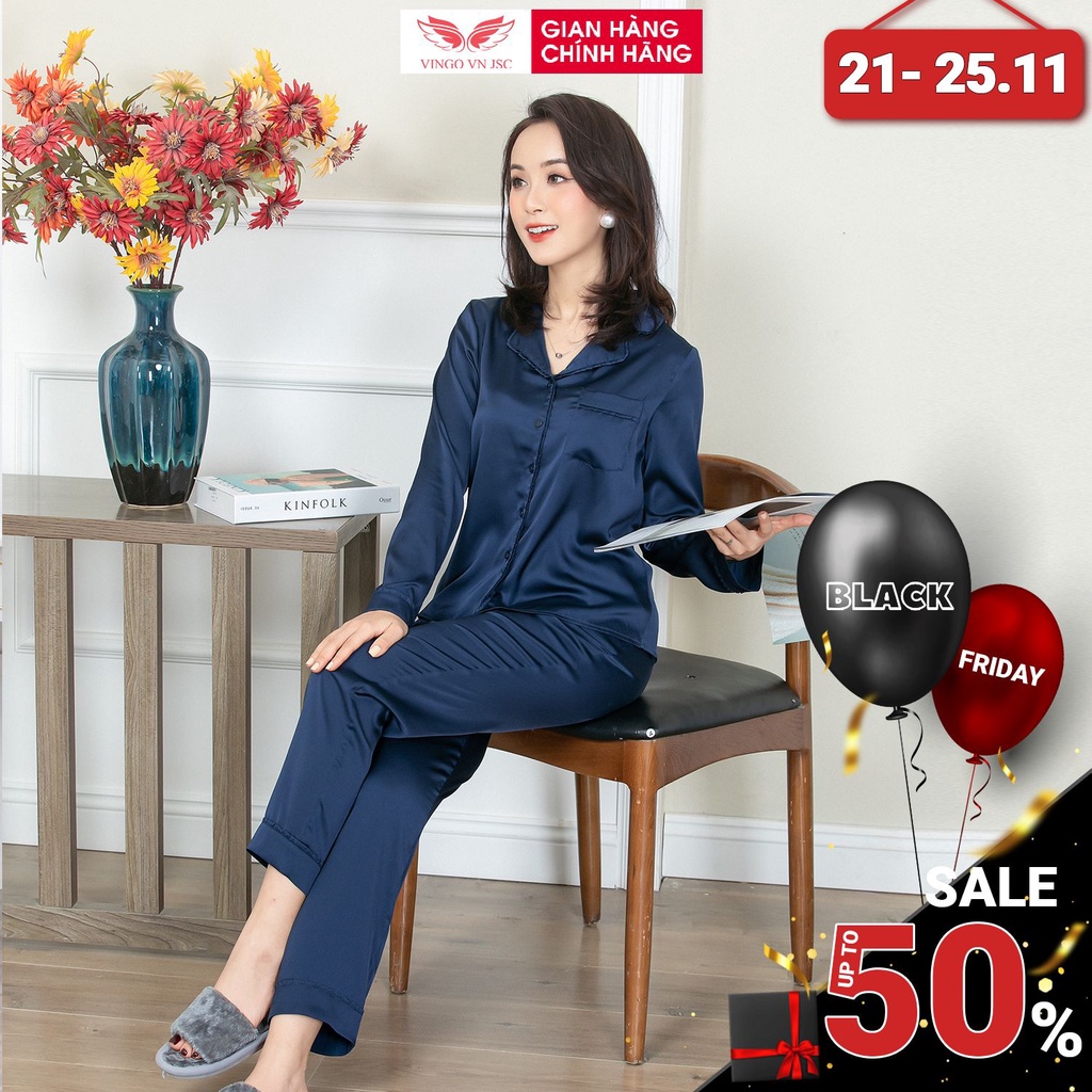 Đồ Bộ Nữ Pijama Mặc Nhà VINGO Lụa Pháp Cao Cấp Tay Dài Có Túi Quần Dài Có 2 Túi Viền Xếp Ly May Cuốn Mã H291 VNGO