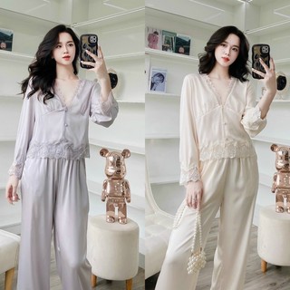 Bộ lụa cổ v trơn dài phối ren quảng châu xinh