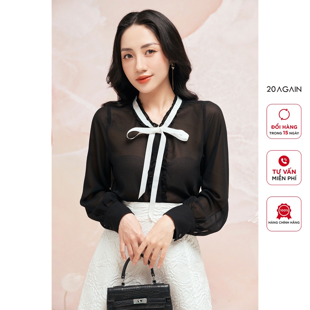 Áo sơ mi dài tay 20Again, thiết kế dây nơ cổ xinh xắn, sành điệu ASA2476