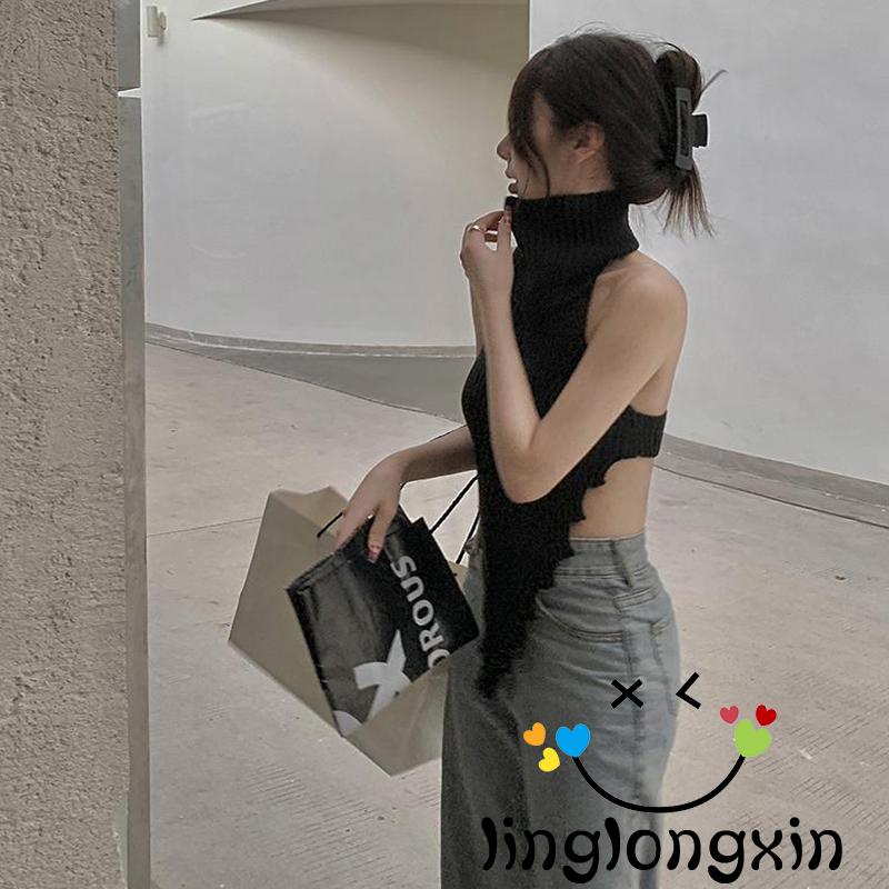 Áo Dệt Kim Cổ Cao Hở Lưng Màu Sắc Trơn Thời Trang Mùa Hè Dành Cho Nữ Linglongxi2