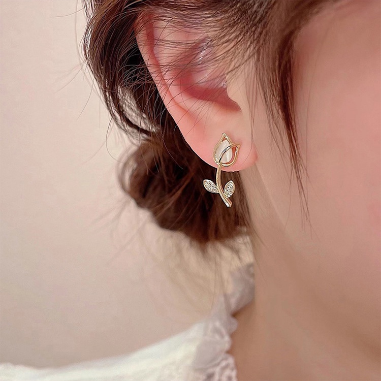 Vòng cổ/ bông tai AY hình hoa tulip đính đá mặt trăng màu vàng / bạc đơn giản cho nữ