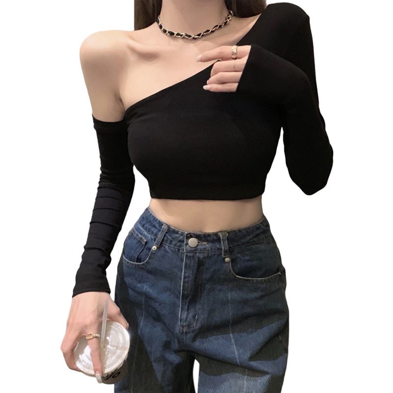 Áo Thun Croptop Lệch Vai Tay Dài Màu Trơn Thời Trang Đường Phố Cho Nữ