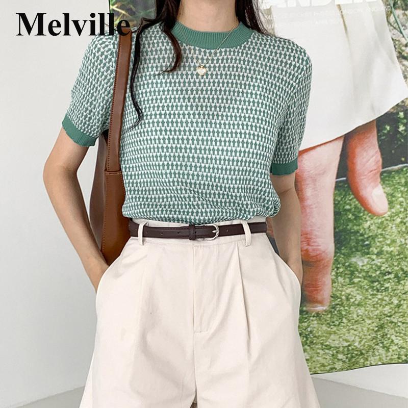 MELVILLE Áo thun nữ dệt kim tay ngắn cổ tròn nhiều màu tùy chọn đơn giản thời trang