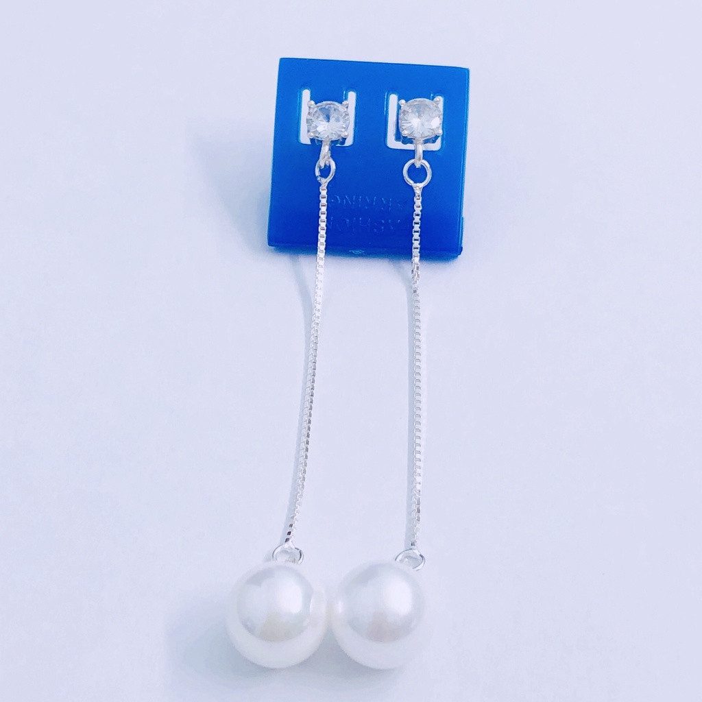 Bông tai bạc nữ, khuyên tai nụ đá tua trai dáng dài sang chảnh - Kho sỉ bạc Nhất Linh