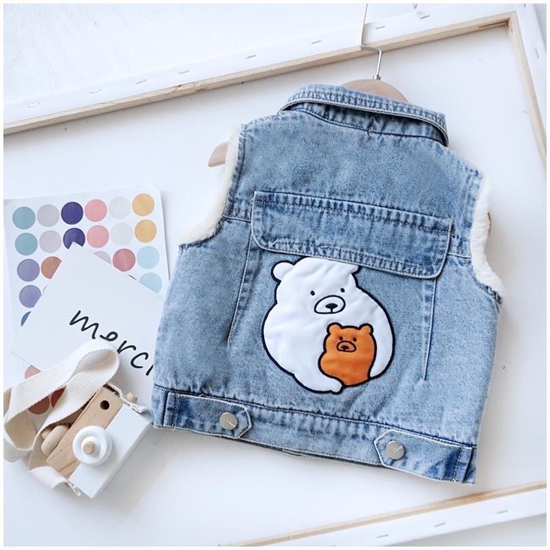 Áo gi-lê jean lót lông in hình gấu cho bé trai bé gái