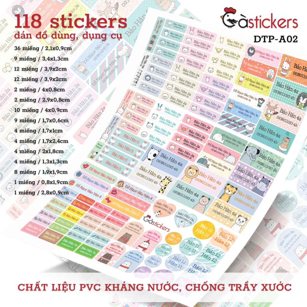 Sticker dán in tên trẻ em GaStickers DTP bộ 118 miếng nhiều kích thước