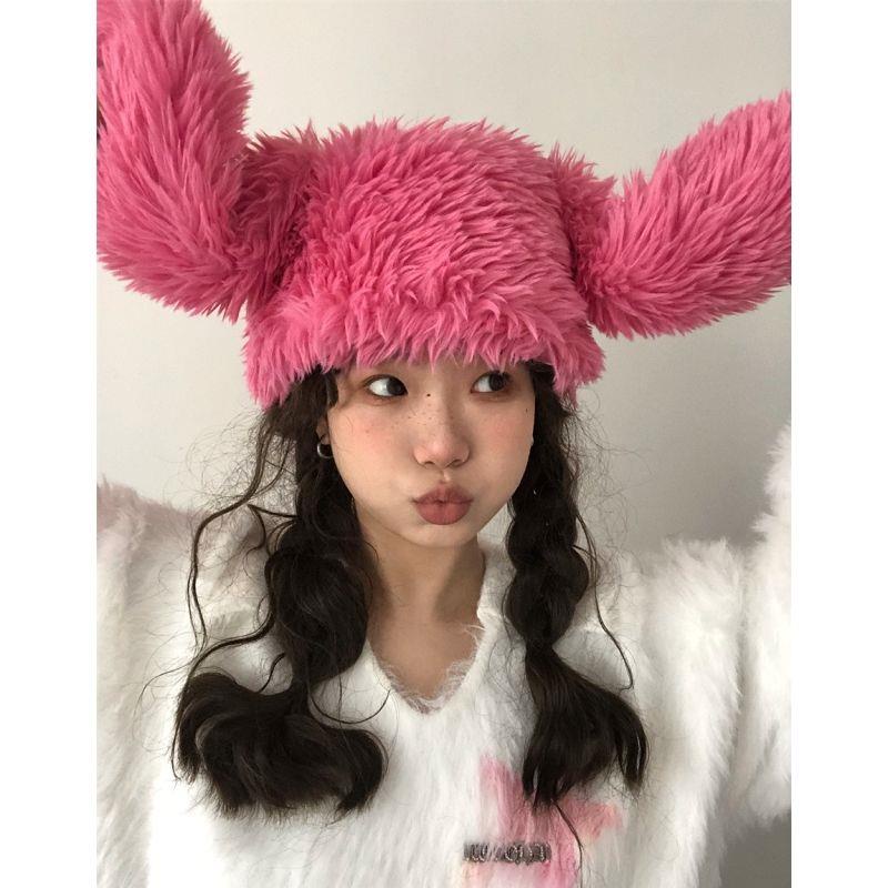 Mũ Trùm Đầu  Mũ Nhung Lông Dễ Thương Vui Nhộn Đường Phố Màu Hồng Đỏ Giữ Ấm Mùa Thu Đông Le