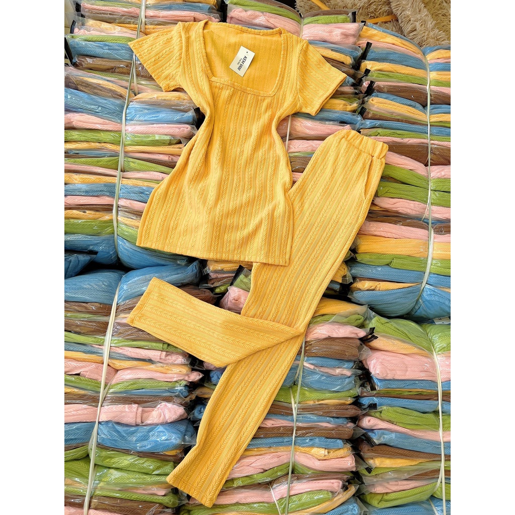 Đồ bộ nữ quần legging đai cao có túi và áo ôm ngắn tay cổ vuông xẻ lai rất tôn dáng vải thun cotton 2 lớp gân siêu dày