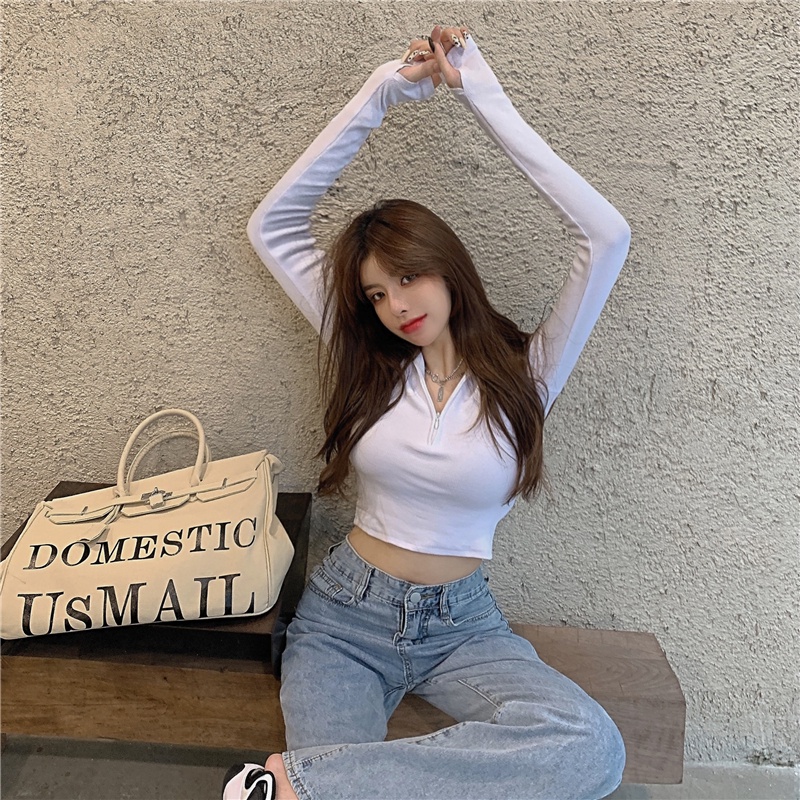 Cocory vn Áo Croptop Dệt Kim Tay Dài Cổ Cao Phối Khoá Kéo Phong Cách Cổ Điển