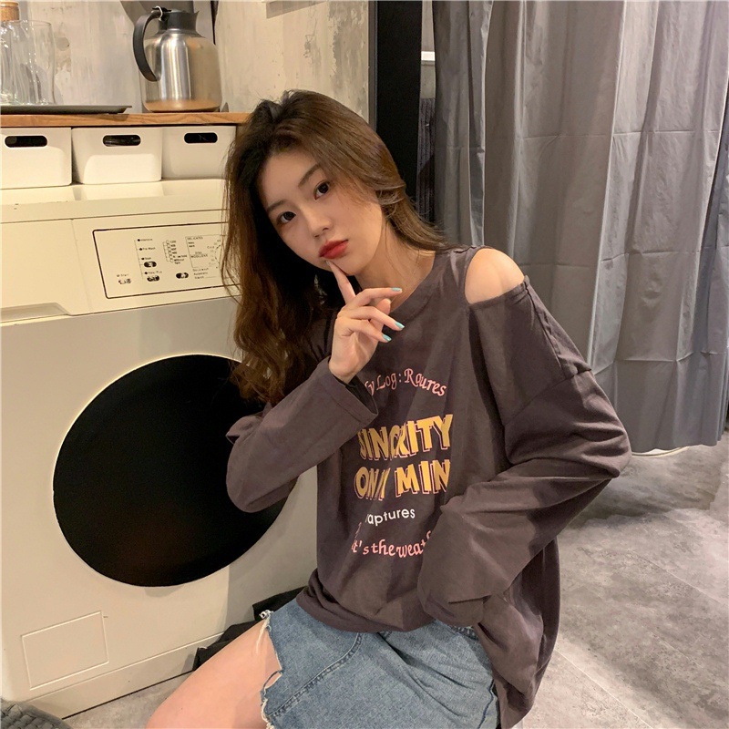 IELGY Áo Thun Nữ Dài Tay In Chữ Khoét Lỗ Thời Trang