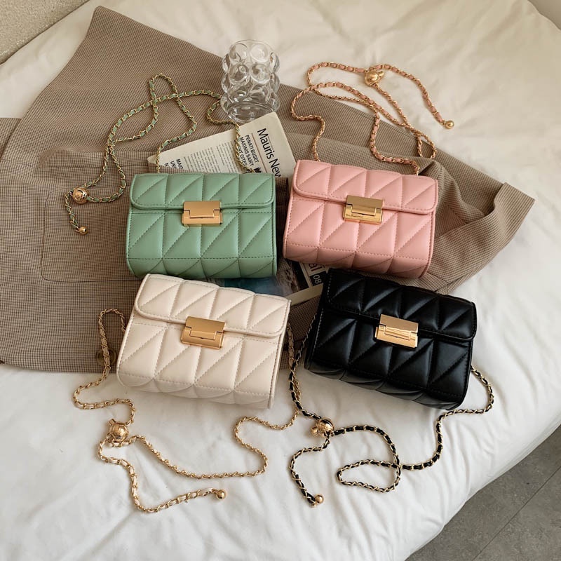 Túi Đeo Chéo Dây Xích Hình Thoi Nhỏ Màu Vàng Phong Cách Hàn Quốc Cho Nữ