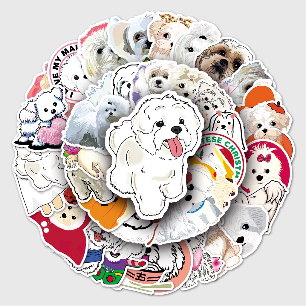 [Set 50 Cái] Bộ Sticker chó Maltese đáng yêu dán trang trí laptop, mũ bảo hiểm, vali, xe ga, ván trượt - DB.054