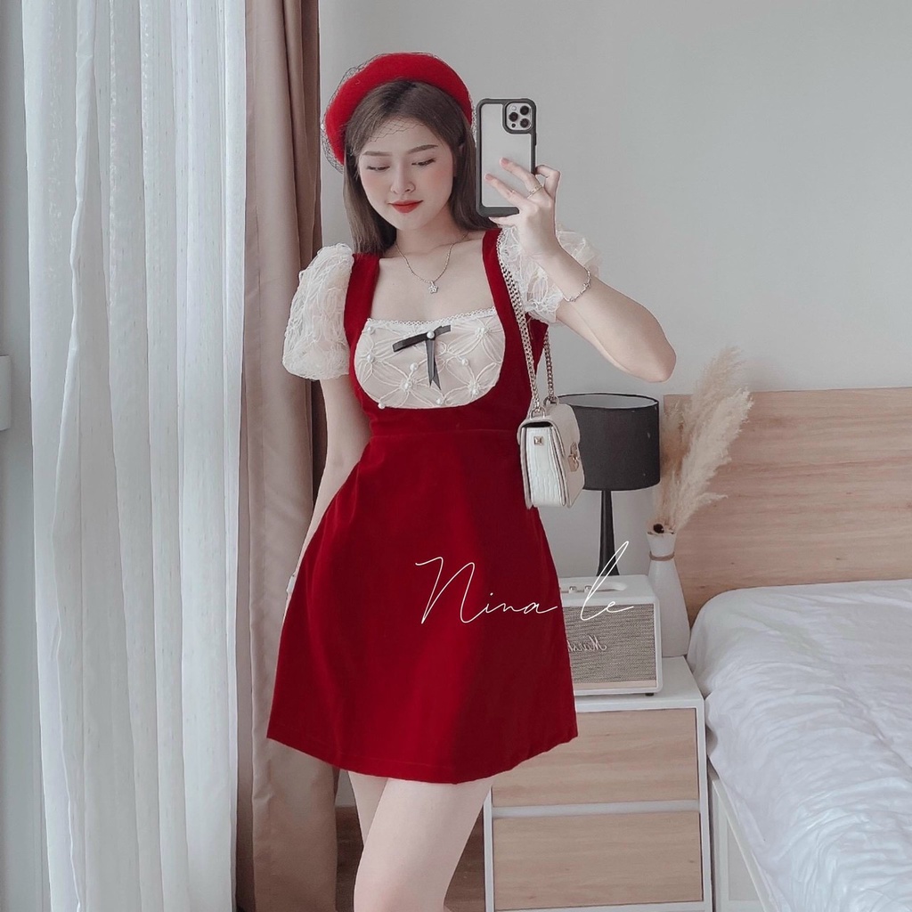 (Miễn Phí Ship 2022) Đầm tiểu thư dáng ngắn,đầm nhung phối ren tay phồng đính ngọc xinh xĩu,đi tiệc đi chơi siêu chanh s