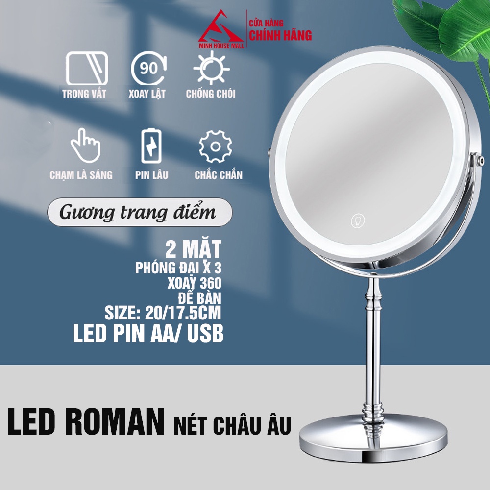 Gương Trang Điểm Đèn LED Roman Cảm Ứng Để Bàn Minh House Phóng Đại, Xoay 360, 2 Mặt