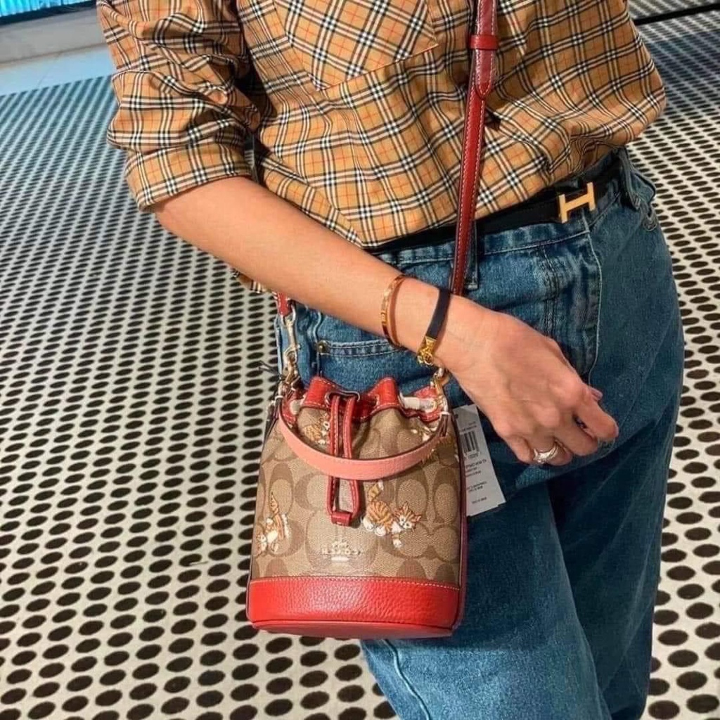 Túi xách nữ chính hãng Coach Bucket Mini hoạ tiết size 17cm