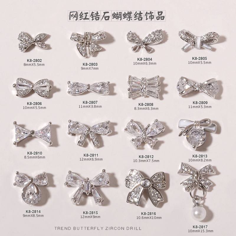 CHARM CAO CẤP Charm nơ đính đá Zircon sang trọng, charm nơ trang trí móng tay nghệ thuật, phụ kiện nail salon