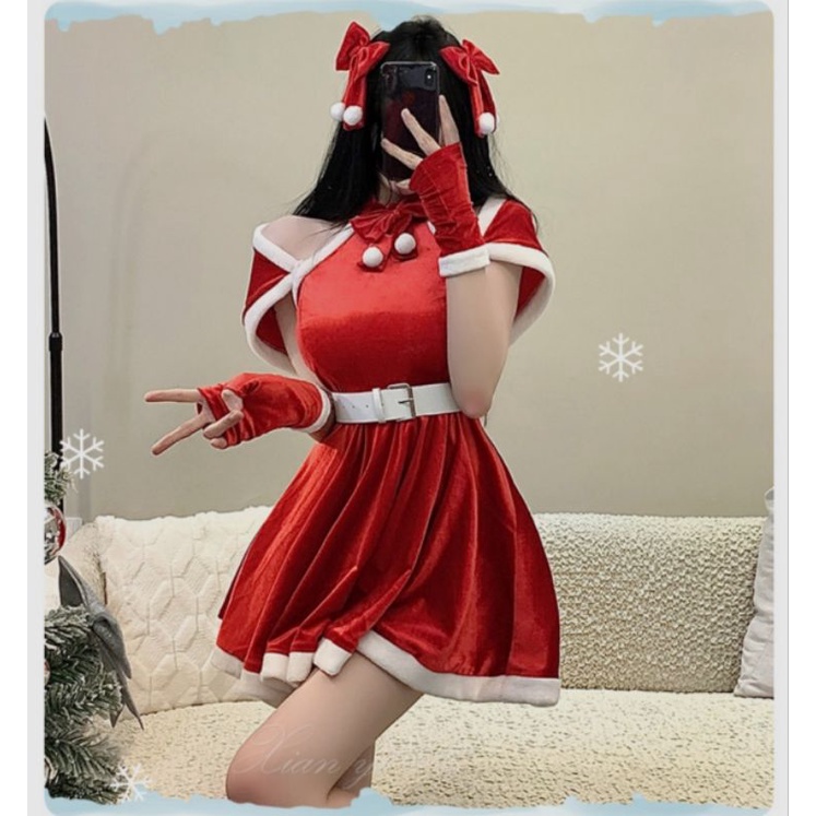 [ORDER / KHÔNG CÓ SẴN] FULL SET Bộ Trang phục Lolita giáng sinh váy nơ kèm choàng và nịt eo phong cách tiểu thư