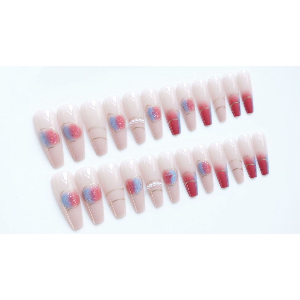 Z-32 Móng Tay Giả Dáng Dài Đính Ngọc Trai Chữ T Có Thể Mặc Được Bán Sỉ Màu Hồng