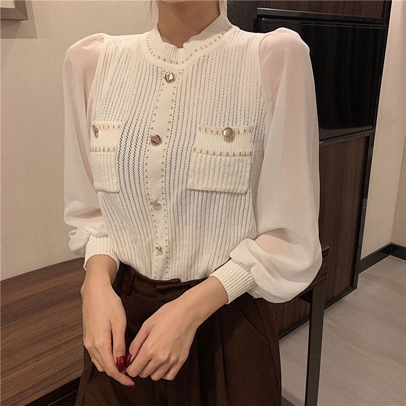 Aphrod Áo Sweater Dệt Kim Chiffon Cổ Tròn Khoét Rỗng Phối Màu Tương Phản Đơn Giản Thời Trang Cho Nữ