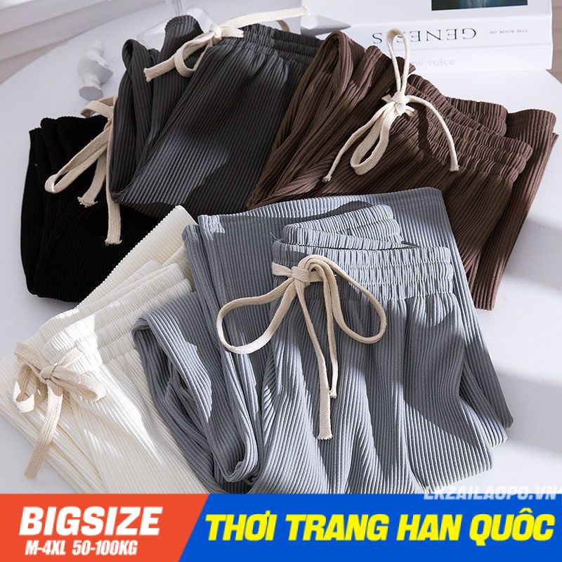 quần ống rộng Bigsize quần dài nữ cạp chun lưng thun thiết kế dây rút đen mùa thu Phong cách Hàn Quốc Thời Trang cá tính xinh đẹp cho người mập béo nữ