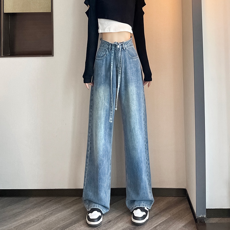NRVP Quần jean dài ống rộng phối dây phong cách Hàn Quốc thời trang cho nữ