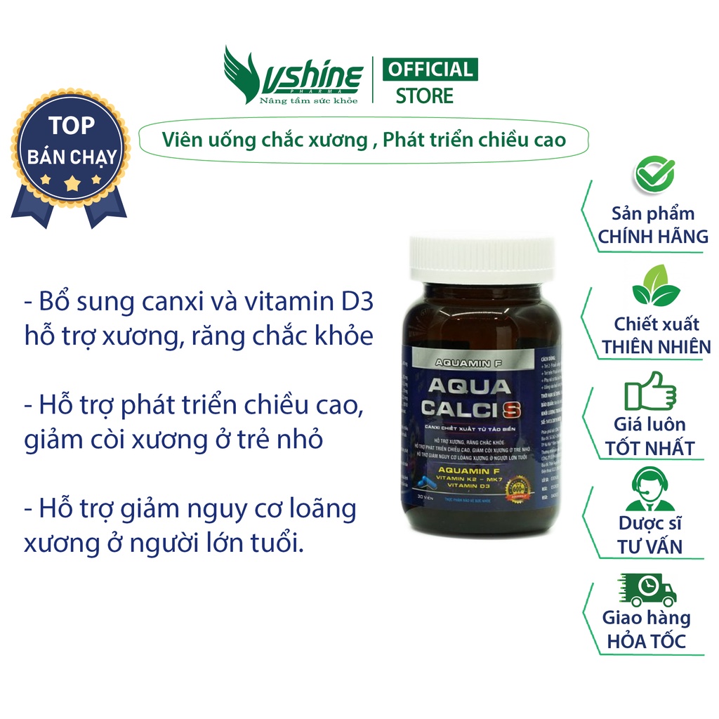 Viên uống Bổ sung canxi và vitamin D3 hỗ trợ chắc xương Aqua Calci S Vshine cao cấp chiết xuất từ tảo biển