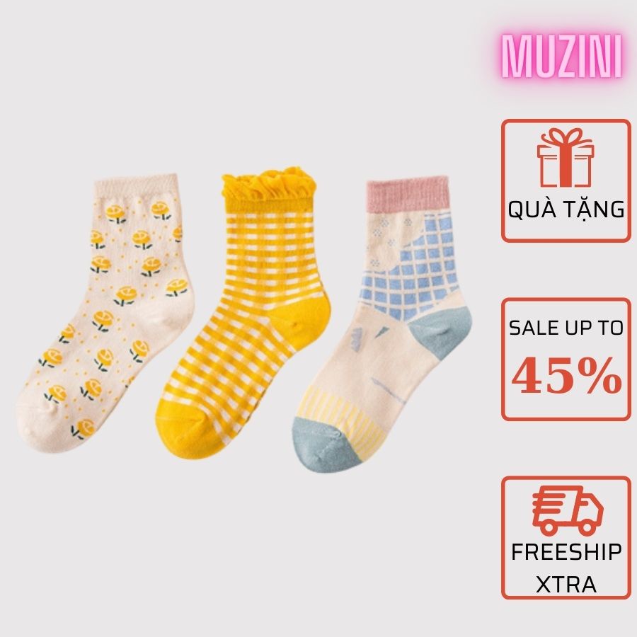 Vớ cổ cao Muzini tất nữ họa tiết caro thêu hoa style Hàn Quốc cực đẹp TN112