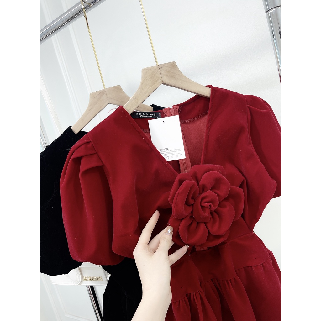 ĐẦM NHUNG TAY PHỒNG XOẮN NGỰC ĐÍNH HOA 2M