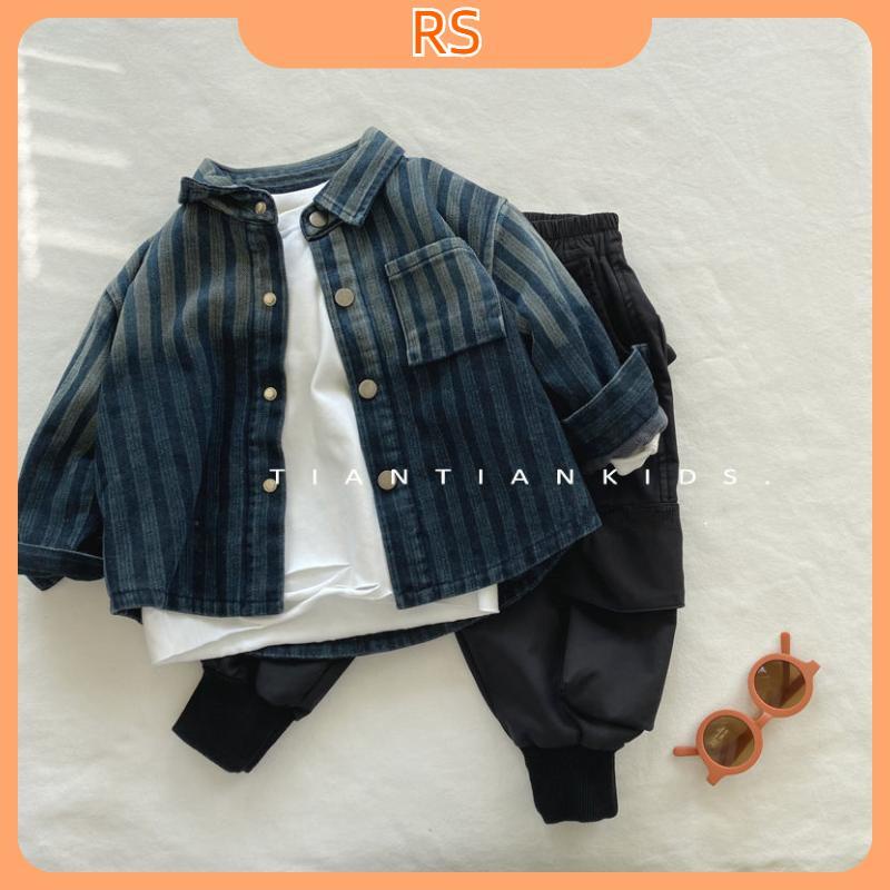 Áo Khoác Denim Lót Lông Cừu Giữ Ấm Kẻ Sọc Màu Gradient Phong Cách Hàn Quốc Dễ Phối Đồ Cho Trẻ