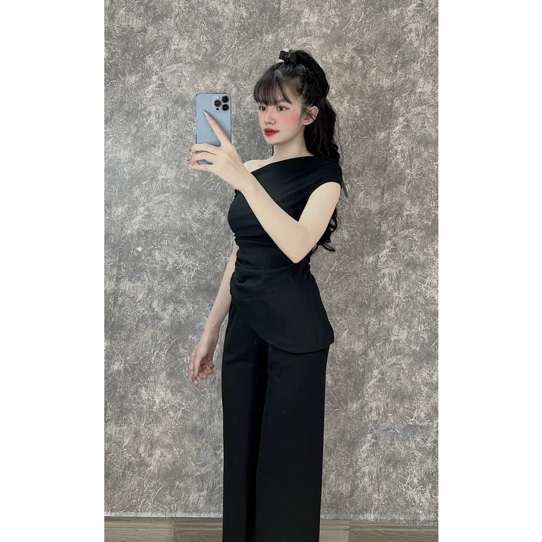 (FreeShip) Sét đồ bộ nữ,áo lệch vai nhún eo chéo tà cực sang mix quần ống suông,chất đẹp lên from xinh xĩu